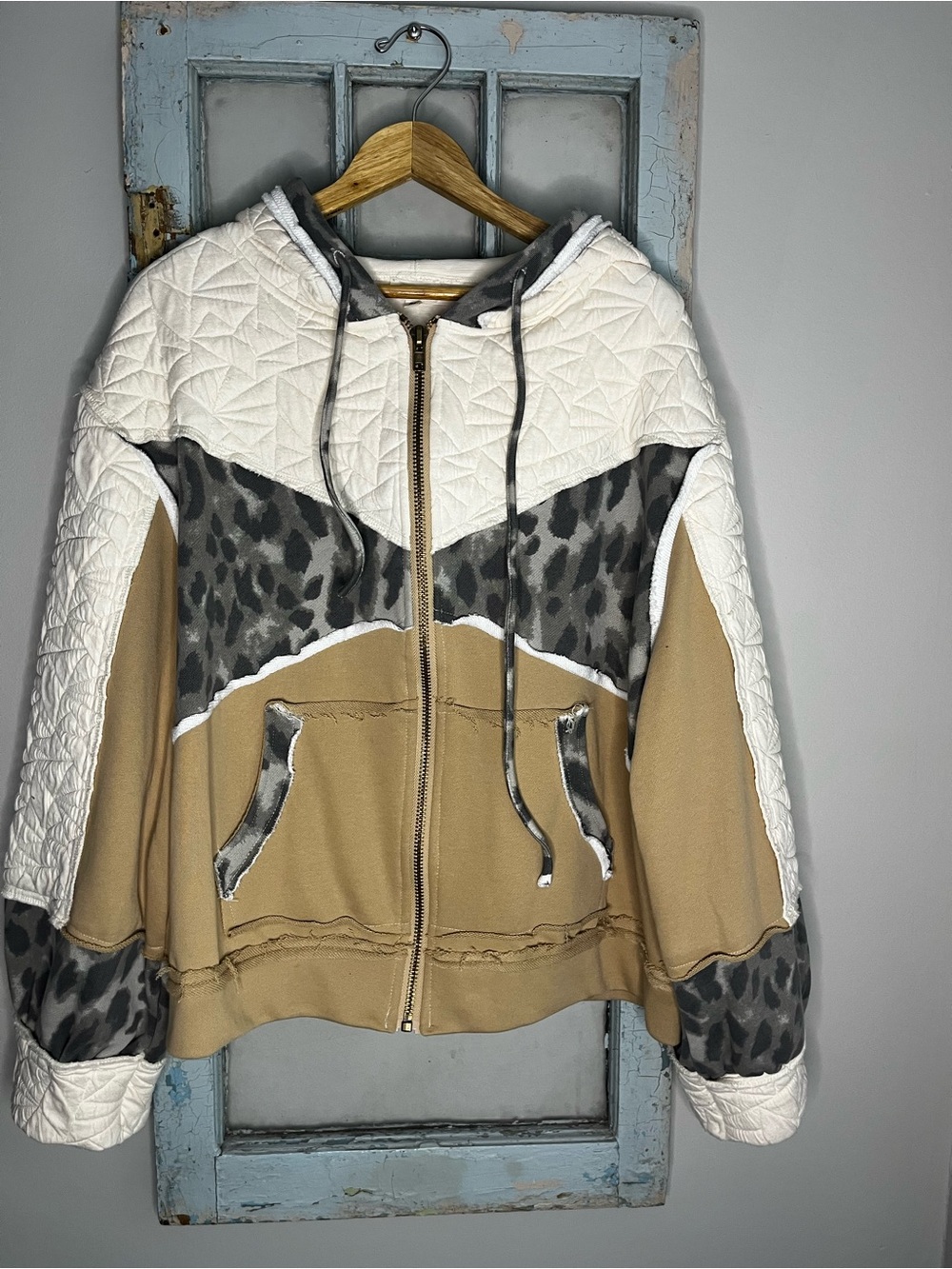 Pol Berlin Quilted Hooded Zip Jacket with Leopard Trim - Cream & Tan